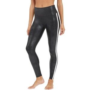 SPANX BLACK FAUX LEATHER LOOK LEGGINGS WITH STRIPES WOMENS SX XS